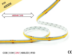 1mb / TAŚMA LED 24V / COB / 11W / 480LED / IP20 / 4000 +/-100K / 100lm/W / Ra>90 / 8mm