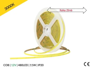 25mb / TAŚMA LED 12V / COB / 11W / 480LED / IP20 / 3000K / 95lm/W / Ra>90 / 8mm