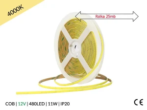 25mb / TAŚMA LED 12V / COB / 11W / 480LED / IP20 / 4000K / 100lm/W / Ra>90 / 8mm