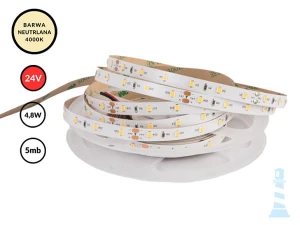 5mb / TAŚMA LED 24V / SMD / 4,8W / 60LED / IP20 / 4000K / 104lm/W / 8mm