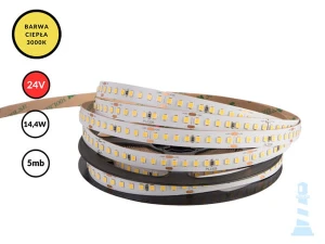 TAŚMA LED 24V / SMD / 14,4W / 160LED / IP20 / 3000K / 150lm/W / 5m / 10mm