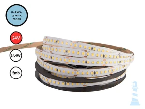 TAŚMA LED 24V / SMD / 14,4W / 160LED / IP20 / 6000K / 150lm/W / 5m / 10mm