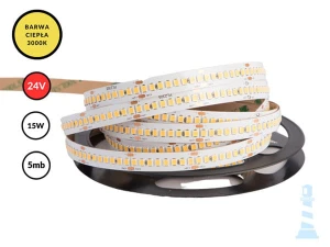 TAŚMA LED 24V / SMD / 15W / 240LED / IP20 / 3000K / 150lm/W / 5m / 10mm