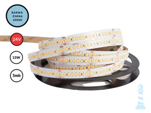 TAŚMA LED 24V / SMD / 15W / 240LED / IP20 / 6000K / 150lm/W / 5m / 10mm
