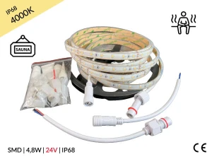 Taśma LED 2835 | 4,8W | 24V | IP68 | 60LED|1m | 5m | NEUTRALNA | 4000K | PROF | DO SAUNY